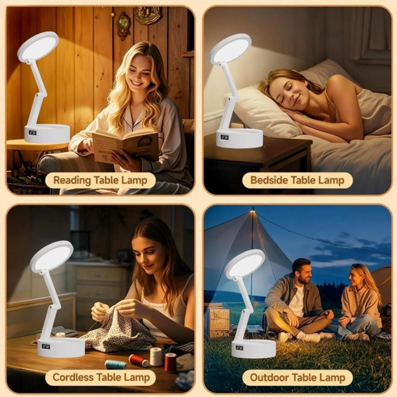 3-in-1 Rechargeable LED Desk Lamp with Digital Clock & Power Bank - Eye-Caring Bedside Reading Light