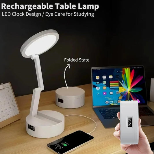3-in-1 Rechargeable LED Desk Lamp with Digital Clock & Power Bank - Eye-Caring Bedside Reading Light