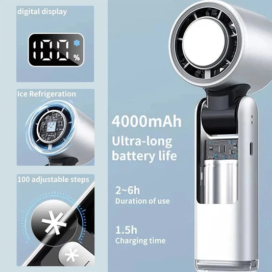 Handheld Turbo Fan with Ice Cooling Technology - 100 Speed Adjustable Portable Fan with Digital Display
