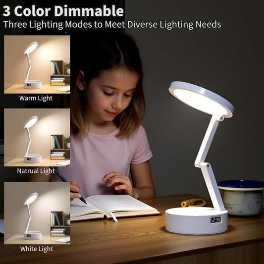 3-in-1 Rechargeable LED Desk Lamp with Digital Clock & Power Bank - Eye-Caring Bedside Reading Light